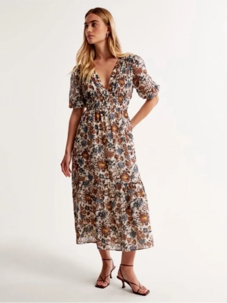 Abercrombie & Fitch Floaty Plunge Midi Dress / Light Brown Floral